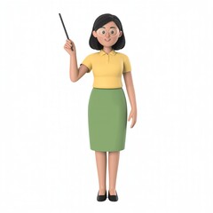 Cartoon woman in yellow shirt and green skirt with pointer stick, giving a presentation on white background, teacher, trainer, speaker, education.