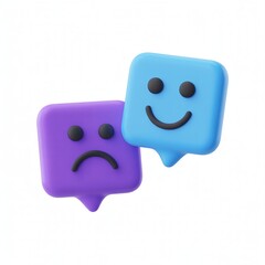 Digital render of two speech bubbles, one blue smiling, one purple frowning, on clean white background, contrasting emotions, communication, mood.