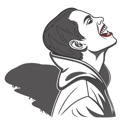 Vampire laughing with sharp teeth and dark cloak screaming