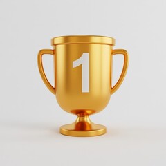 Golden trophy with number one on white background, 3D render of award, achievement, success, sports or competition symbol, clean celebratory design.
