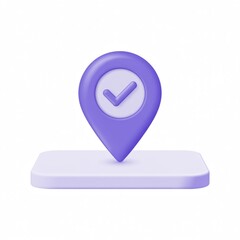 Minimalist purple location pin with white check mark inside, on white background, navigation, map...