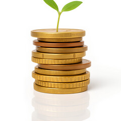 A green sprout grows from a stack of coins, symbolizing financial growth and sustainability.