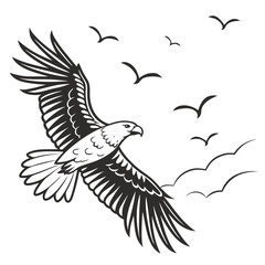 Eagle flying with birds and clouds vector