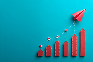 Red paper airplane and upward arrows symbolizing business growth, success and progress on blue background
