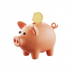 3D render of pink piggy bank with gold coin on white background, symbolizing saving money, finance, and personal budgeting.