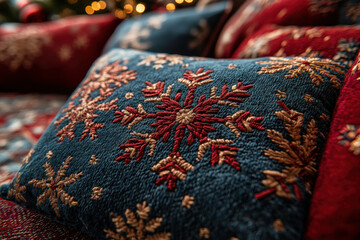 Close-up of a Christmas pillow with a background of a Christmas tree.