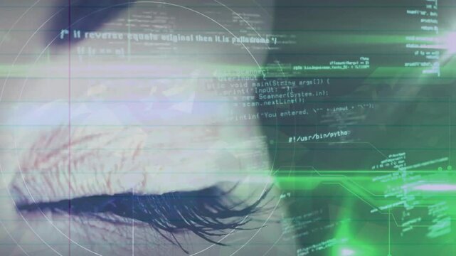 Eye receiving code overlay, initiating biometric scan, showing scan beam sweeping, reticle pulsing