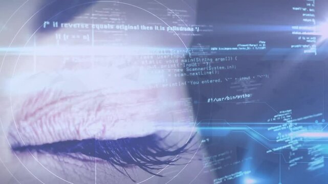 tech analyst eye appearing and starting scanning rings with holographic code scrolling for security