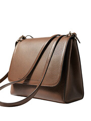 A close-up of a luxurious brown leather handbag with a grained surface, isolated against a white background, features a structured rectangular shape with rounded edges and a large front flap covering 