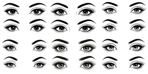 Set of vector illustrations of female eyes with styled eyebrows and eyelashes in black and white