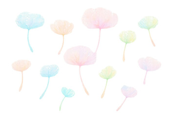 Soft watercolor flowers drifting delicately, blending pastel hues against translucent backdrop, evoking serene, dreamy mood
