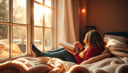 Cozy morning scene: A woman reading a book in a sunny room by the window