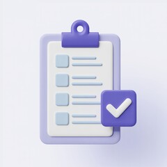 Purple clipboard with white checklist and purple check mark, task management, organization,...