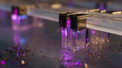 Geometric structures with translucent panels and metallic accents.