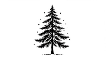 Elegant black silhouette of a tall pine tree softly illuminated by tiny stars. AI Generated