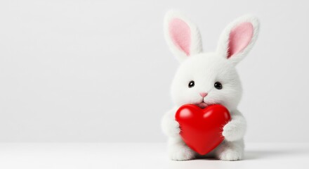Adorable plush bunny gently holds red heart against soft light background. AI Generated