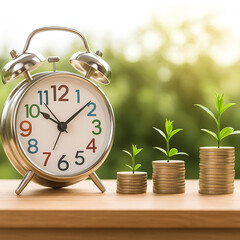 A silver alarm clock beside growing coin stacks with plants, symbolizing time and financial growth.