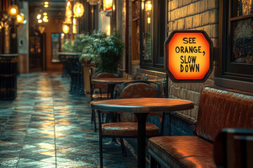 A table with a sign that says "Orange."
