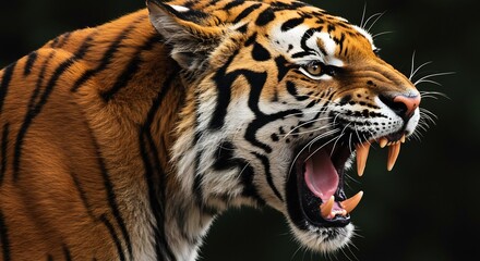 Fototapeta premium Majestic tiger roars fiercely illuminated by dramatic low-key lighting. AI Generated