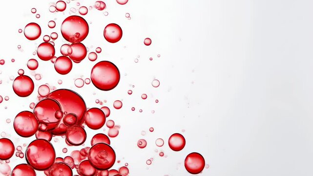Dynamic red bubbles ascending against white background in high resolution sequence
