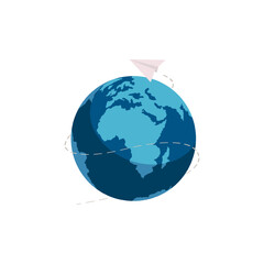 Dynamic vector illustration featuring a paper airplane circling a vibrant globe, symbolizing worldwide travel, international communication, global connection. Perfect for logistics or travel concepts