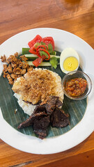 Mixed rice with fried beef lungs from Indonesia