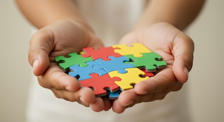 A pair of hands cradles a collection of colorful jigsaw puzzle pieces, ready to connect.