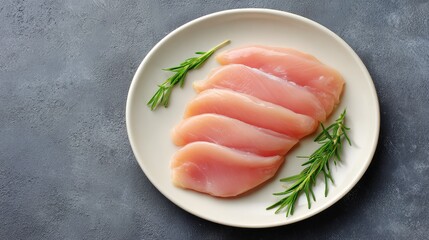 Chicken breast slices arranged neatly on white ceramic plate with sprigs of herbs, minimalist food style with copy space
