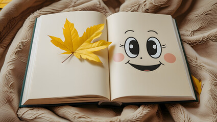 Open book with a cheerful cartoon face and autumn leaf, resting on a beige blanket.