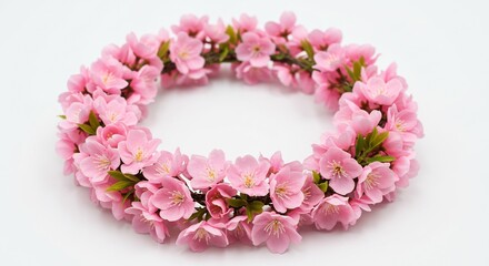 Obraz premium Delicate pink blossoms form a lovely floral wreath against a bright white background.. AI Generated