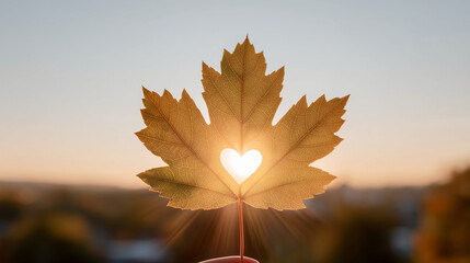 autumn leaves in the sunset, maple leaf held up against the setting sun with a heart-shaped cutout in the center, hand holding autumn leaves, hand holding maple leaf