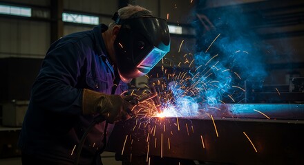 Close up image of welder wearing mask on welding work