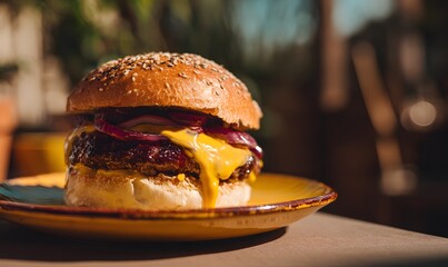  a BBQ burger with mustard on a yellow rustic plate, with strong sunlight lighting and a dark background, Generative AI