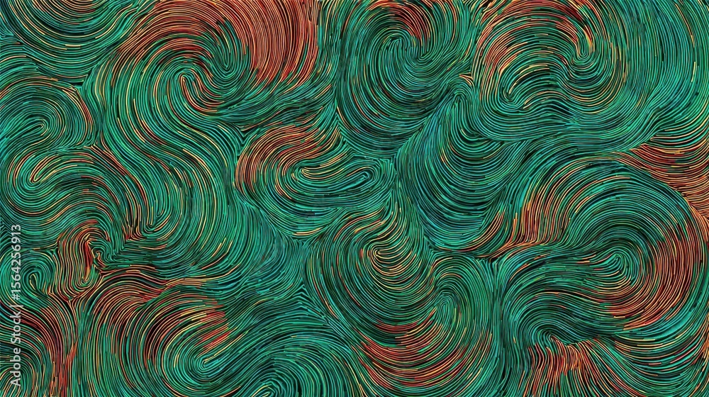 Poster abstract swirling patterns of teal and rust.