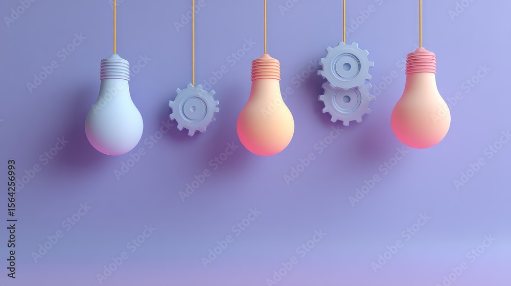 Poster floating idea icons like light bulbs and gears on pastel gradient, seamless design with copy space o