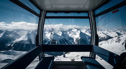 Wandcirkels Gondels Inside Modern Gondola with Snowy Mountain View and Clear Blue Sky  © CreziaWorks