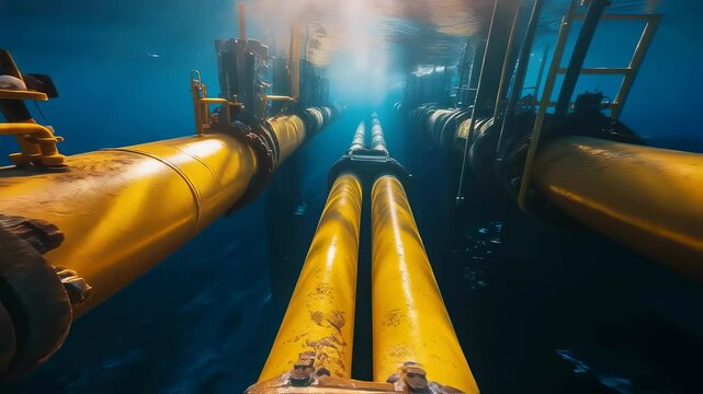 Underwater pipeline exploration: immersive view of industrial engineering beneath ocean surface