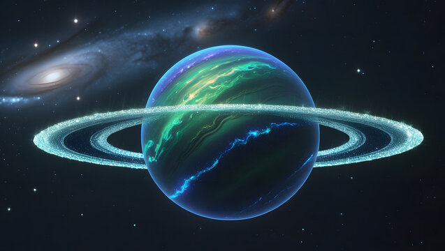 A vibrant, ringed planet in a deep space background.