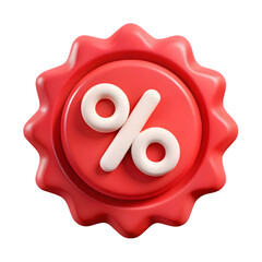 Red discount seal with percentage symbol isolated on transparent background