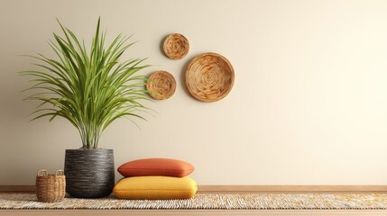 Fototapeta premium Living room corner decorated with a large leafy plant, woven baskets, and textured rug, cozy and inviting with blank area