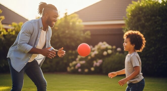 Father and Son Playing Catch in Backyard Joyful Moments of Family Fun