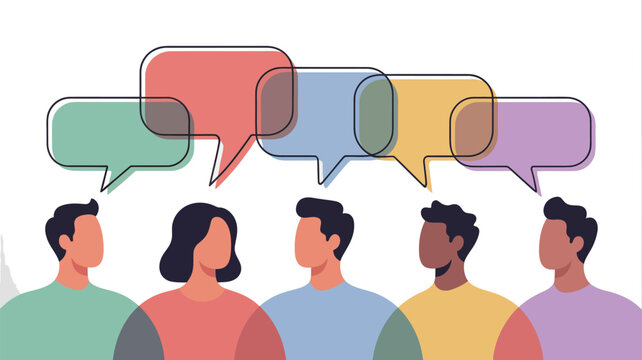 Illustration of diverse people communicating with speech bubbles for social media engagement design