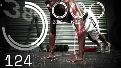 Fitness enthusiast pressing hands on gym floor grid, activating animated bars tracking push-ups - Powered by Adobe