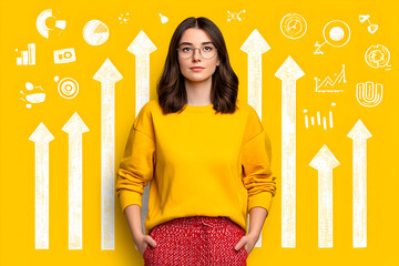 Confident young woman in yellow standing in front of white arrows and business icons symbolizing personal and professional growth
