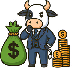 A cartoon cow in a business suit stands beside a money bag and stacks of golden coins.