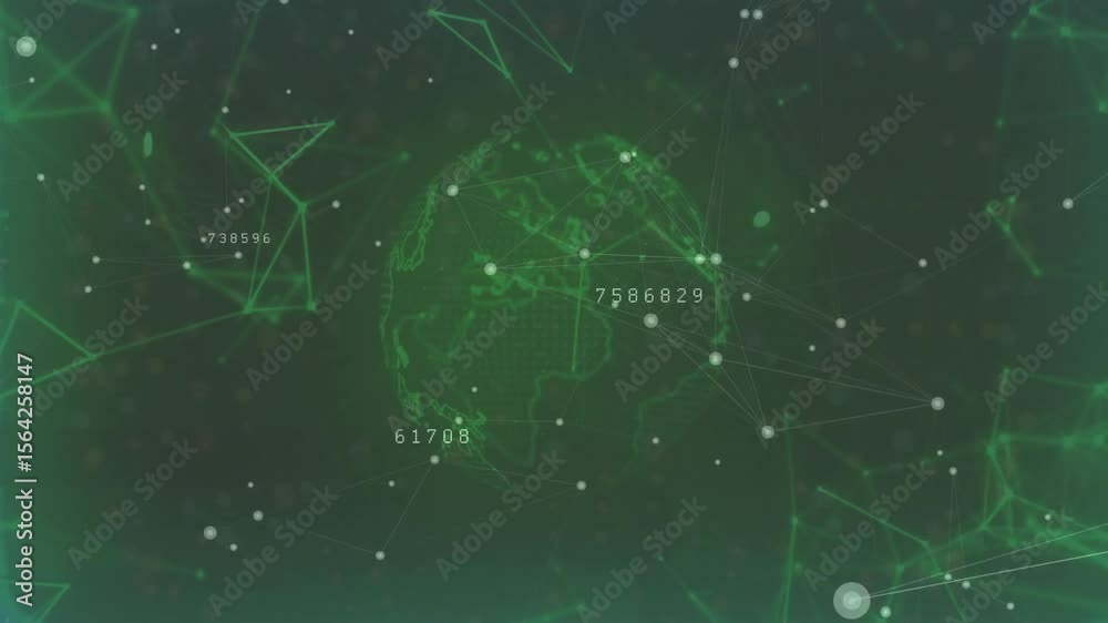 Poster after network mesh fading in, digital globe forming sphere, rotating while nodes animating data