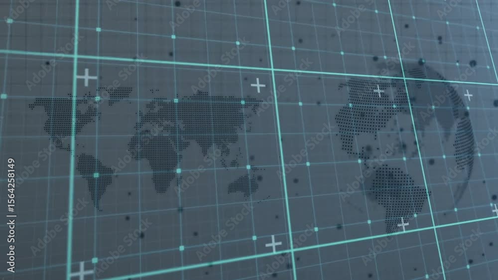 Poster on load map and rotating globe animating grid shifting and node pulsing for live network view