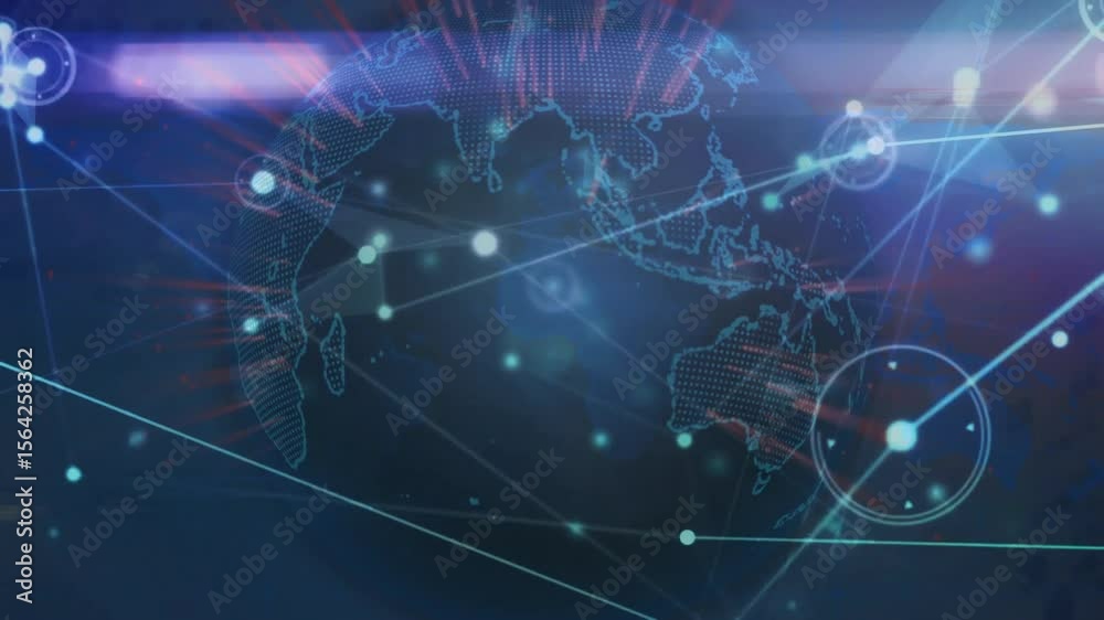 Poster Light flare sweeping triggers globe rotating pulsing nodes streaming lines visualizing data flow