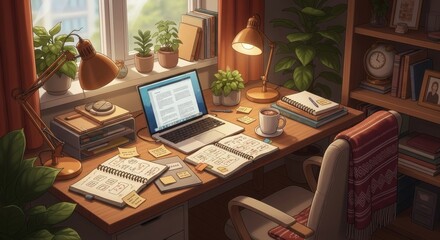 Cozy Home Office Workspace Laptop, Books, Plants, and Natural Light