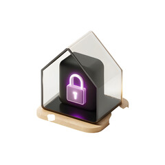 Secure home concept with glowing padlock inside a glass house isolated on transparent background